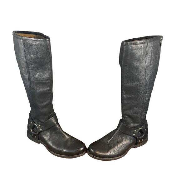 Frye Black Leather Tall Back Zipper Phillip Harness Tall Boots Women Sz 6 - Picture 3 of 11